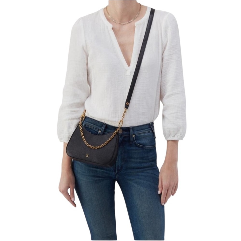 Hobo Rosa Crossbody Pebbled Black Leather Gold Chain Strap - Picture 2 of 16